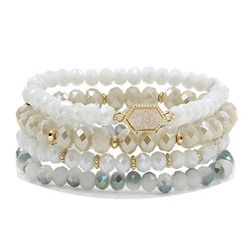 Gold Beaded Bracelet Set, Square Stone Hexagon Druzy Stretch Beaded Stackable Bracelets Bangles