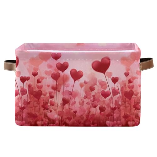 Image of Wamika Happy Valentine's Day Pink Storage Basket with Waterproof Liner and PU Handles Love Trees Heart Flowers Red Storage Boxes 14.2 inch Collapsible Decorative Baskets for Bedroom Closet Office 1 Pack