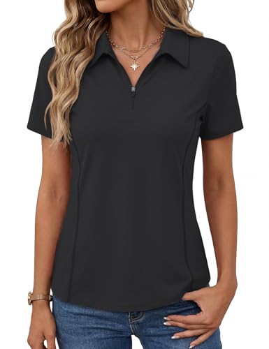 Image of LOMON Women's Short Sleeve Athletic Polo Shirt High Performance Stretch Quarter Zip Top for Golf Tennis