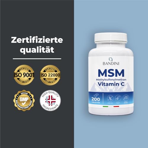 Bandini® MSM - 2000mg mit 40mg VITAMIN C pro Tagesdosis - Kompakteres Methylsulfonylmethan Pulver als bei Kapseln - Ohne Magnesiumstearat, hochdosiert, vegan, ohne Zusätze, laborgeprüft - 200 Tab