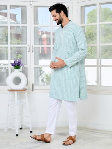 Image of See Designs Men's Full Sleeve Mandarin Collar Embroidered Thread Work Sequinned Rayon Straight Long Kurta - Festive Collection