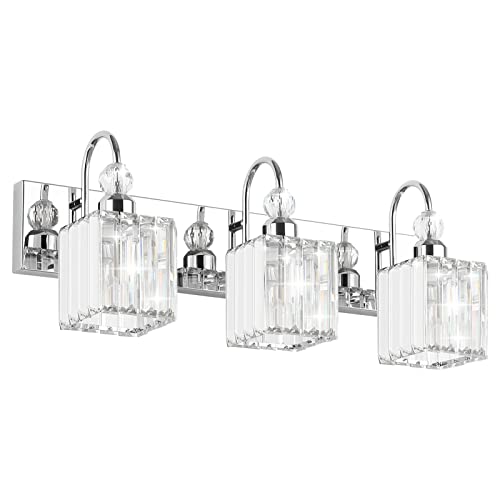 Image of Ralbay Chrome Crystal Bathroom Vanity Light - 3-Lights, 24 inch Modern Wall Light Fixtures