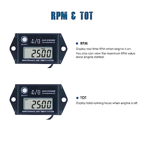 Runleader Digital Hour Meter Tachometer, Maintenance Reminder, Max Rpm Recall, Use For Ztr Lawn Mower Tractor Generator Marine Outboard Atv Jetski Motor Motorcycle Snowmobile And Gas Powered #TOP1