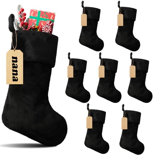 Glimin 8 Set 18 Inch Black Christmas Stocking Personalized Name Tags Thick Plush Fabric Hanging Stockings Unfinished Wood Tags for Xmas Holiday Party Tree Fireplace(Black)