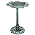 CHRISTOW Plastic Resin Bird Bath for Garden, Leaf Shaped Pedestal Birdbath, Traditional Style, Rustic Metal Effect, Standing Outdoor Water Bowl, 60cm x 43cm x 43cm (Green)