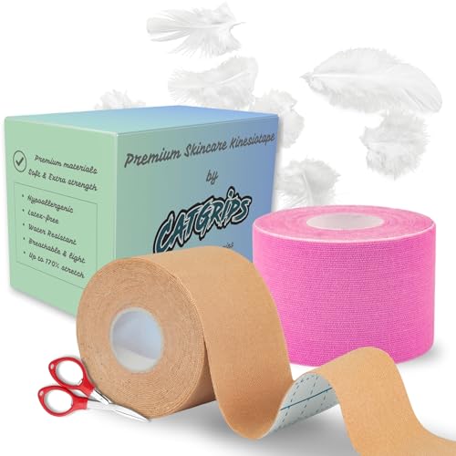 Tape Kinesiologie – CATGRIPS – Face Tape & Kinesio Tape en Rayonne Premium – Bande de Kinesiologie Sans Latex – Extra Douce, Légère et Résistante – Ktape Sportif et Taping Visage, Beige & Rose