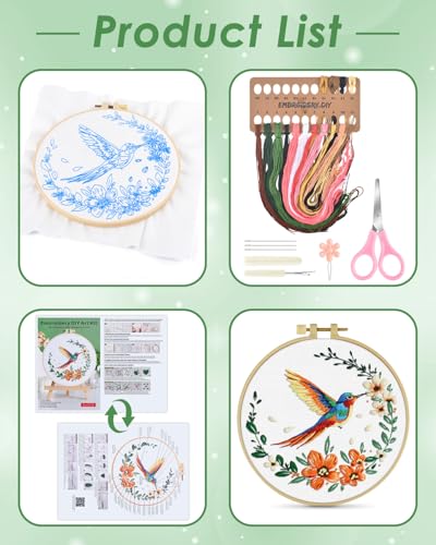 ERKOON Embroidery Kit for Beginners, Hummingbird and Flower Cross Stitch Set for Include Embroidery Cloth Hoops Threads for Craft Lover Hand Stitch (Colorful Hummingbird) - Thumbnail 2