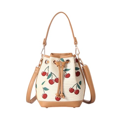 Image of Signare London Handbag for Women – Drawstring Bucket Bag Cream Tapestry with Embroidered Cherry Design | Small Shoulder & Crossbody Bag with Adjustable Strap | Compact Everyday Purse