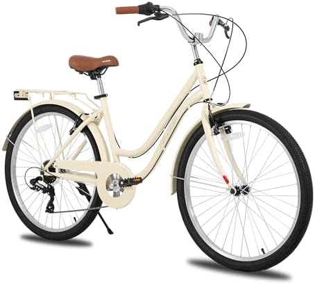 HH HILAND 26 inch Beach Cruiser Bike for Men and Women, 7 Speed Step-Through Frame Adult Bicycle with Rear Rack, Retrospec Bike Commuter City Bicycle Beige