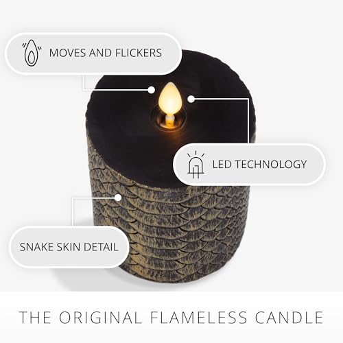 Image of Luminara Snake Pattern Flameless LED Candle, Black & Gold 3 inch x 4.5 inch, Moving Flame Pillar, Battery Operated Timer Real Wax Halloween Gothic Home Decor