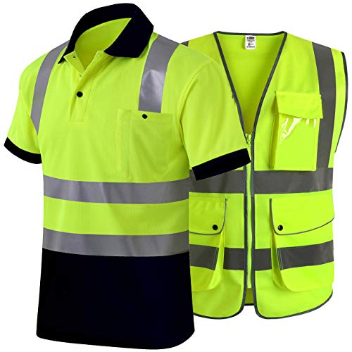 JKSafety 9 Multiple Pockets High Reflective Safety Vest and Hi-Vis Reflective Safety Polo Shirt | ANSI / ISEA Class 2 / Level 2 (Size Medium)