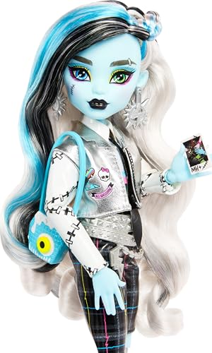 Image of Monster High Frankie Stein Doll, Welcome Committee Set with 15 Accessories Including Poster, Sticker, Pet Watzit and More