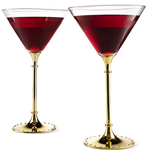 The Wine Savant Gold Cocktail, Martini & Champagne Glasses Rhinestone Diamond Studded, Cosmopolitan Elegant Crystal Glassware, Set Of 2-10Oz, 10" Tall Stem Sparkling Margaretta, Wedding, Or Everyday #TOP1