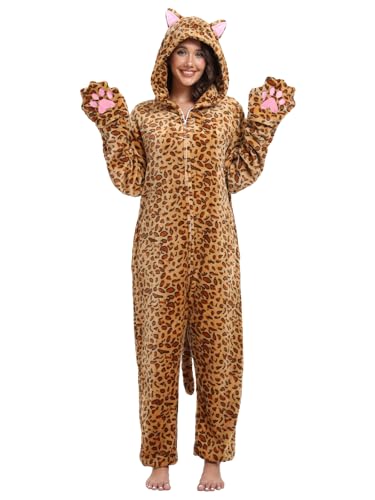 DKRUW Adult Onesie Pajamas Animal One Piece Leopard Cat Costume Halloween Cosplay for Women Men (Leopard Cat, Small)