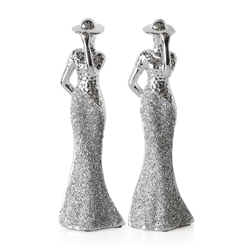 Prodbuy Set of 2 Silver Elegant Lady Figures 29.5cm Tall Silver Ceramic Ornaments