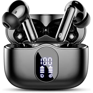 Wireless Earbuds, Bluetooth 5.4 Headphones Bass Stereo, Ear Buds with Noise Cancelling Mic, LED Display in Ear Earphones Clear Calls, IP7 Waterproof Bluetooth Earbuds for Laptop/Phones/Sports, Black