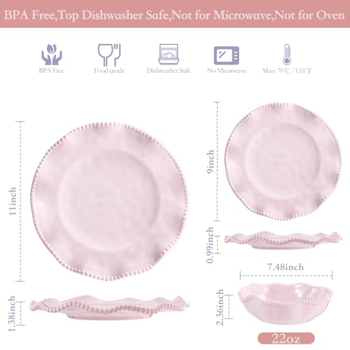 Image of Pink Melamine Dinnerware Sets for 4,Scalloped Plates and Bowls Set with Beaded Edge, BPA Free Dishwasher Safe, Heavy Duty Shatterproof Unbreakable Tableware for Wedding Party Camping Outdoor