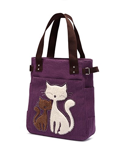 KAUKKO Women Canvas Handbag Shoulder Bag Cat Big Tote Bag(093-PURPLE)4