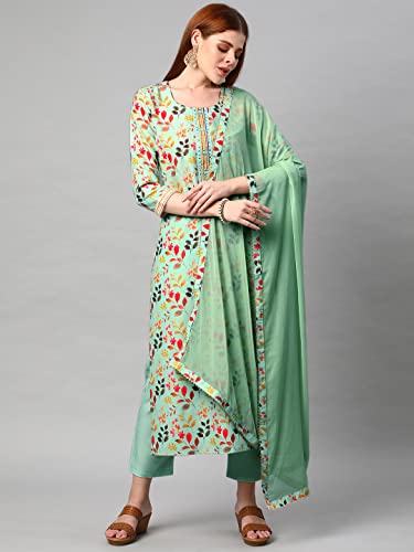 Image of GoSriKi Women's Cotton Blend Printed Straight Kurta and Pant with Dupatta Set