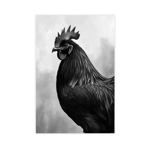 Toile noire et blanche coq de ferme 61x91 cm pour décoration murale