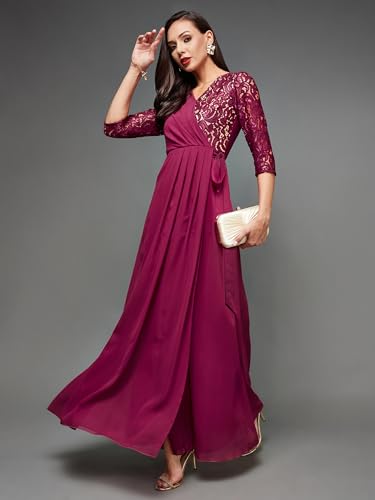 Image of Miss Chase Women's Floral Printed Relaxed Fit V-Neck 3 /4th Sleeve Maxi Dress