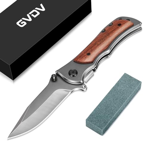 GVDV Klappmesser mit Spitzer und Nylontasche, Taschenmesser mit Silber Beschichteter, Titanbeschichtete Outdoormesser mit Holzgriff, Survival Messer mit Sicherheitsschloss für Jagd, Angeln