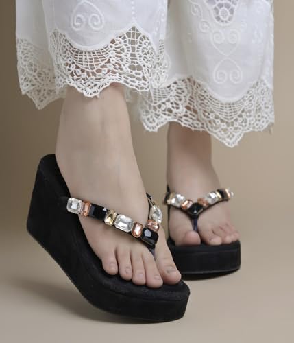 Image of JM LOOKS Women's Rhinestone Sandals High | Low Platform T-Strap Jewel Sandals High Wedge Flip Flops Sandal Summer Beach Sandal
