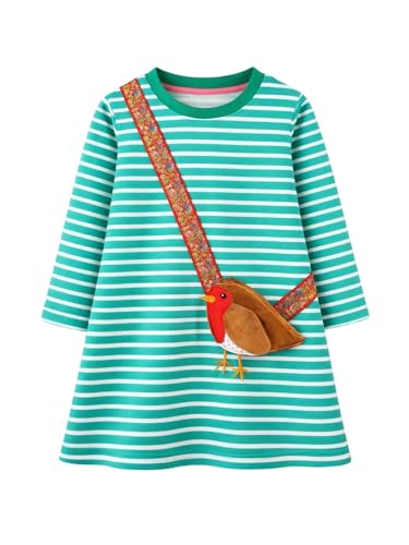 HILEELANG Toddler Girl Striped Dress with Rainbow Strap & Bird Applique - Soft Cotton Long Sleeve Casual Dress for Spring & Fall 4T