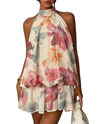 Women Chiffon Halter Ruffle Mini Dress Open Back Wedding Guest Brunch