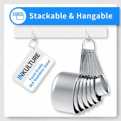 Image of Measuring Cups and Spoons Set (13 Pieces), 18 /8 Stainless Steel, Stackable, Engraved Marks, Dishwasher Safe, Kitchen Baking Tools