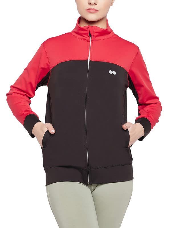 Image of Clovia Women's Comfort-Fit Active Jacket with Red Panels in Black