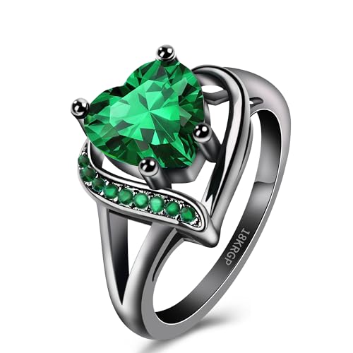 QOBEBOTA Engagement Rings for Women Green Heart Cubic Zirconia Promise Rings for Her Womens Rings Black Gold Wedding Rings Christmas Gifts Size 5 Ring Fashion Statement Rings for Women