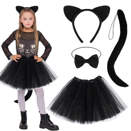 FeiOne Katzenkostüm Kinder, 4-teiliges Set, Katzenohren, Katzenschwanz, Ballettrock, Kragen, Kostüm für Mädchen, Karneval, Halloween
