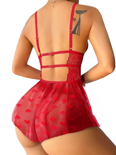 Image of Lilosy Sexy Bows Floral Lace Mesh Babydoll Lingerie Romper