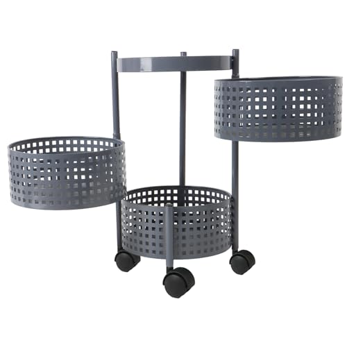 Image of 3-Tier Kitchen Carbon Steel Storage Rack - Grey | Durable & Sturdy Cart Organizer for Home & Kitchen | Vegetable, Fruits & Pantry Corner Rack | Multi-Layer Round Rack with Wheels