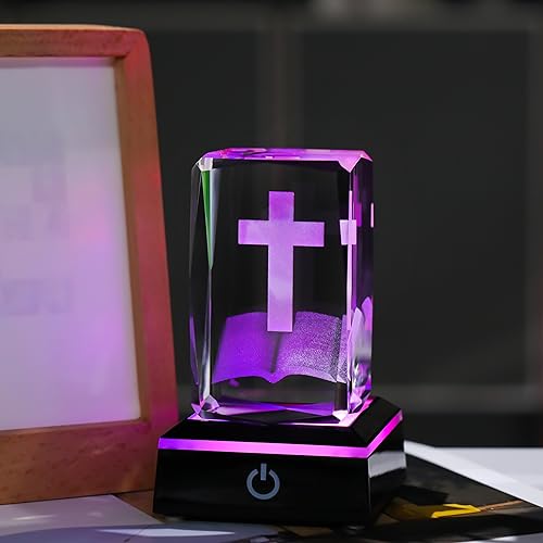 Image of Qianwei 3D Crystal Cross Bible Figurine with Colorful Light Base, Laser Engrave Religious Gifts for Women Man Christian Gifts for Friend Sister
