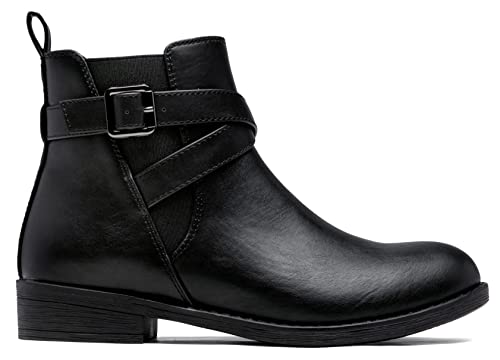 Jeossy Women's Ankle Boots 9011 Black Chelsea Flat Booties Buckle Strap Zipper Low Heel Shoes For Women Size 8(Djy9011 Black 08) #TOP4