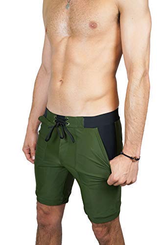 NUWAVV Swim Trunks, Mens Sexy Swimwear Shorts, Fitted, Long Swimsuit Briefs for Guys; Quick Dry Material, Pockets for Valuables, Stylish and Comfortable Swimming, Surfing (X-Large, Olive Green)