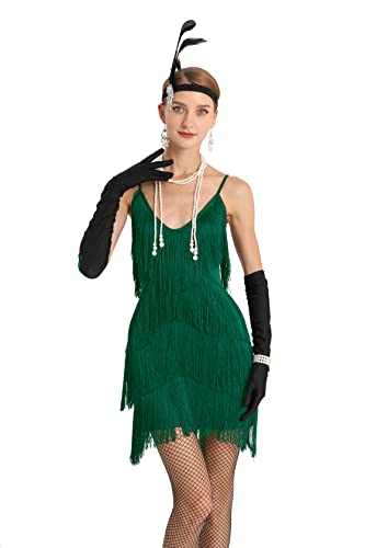 Image of Women 1920s Gatsby Flapper Dress Sexy Open Back Strap Fringed Cocktail Party Dress with 20s Accessories