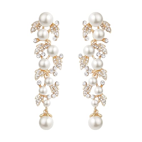 EVER FAITH Women's Austrian Crystal Simulated Pearl Bridal Leaf Dangle Earrings