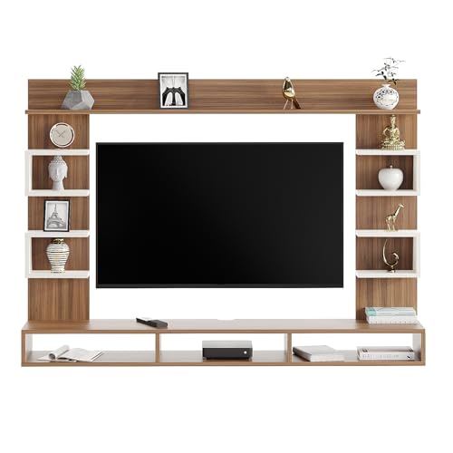 Image of FURNEASER Steven Wall Mount TV Unit for Living Room Wooden Entertainment Center with Storage Shelves Modern TV Panel Stand Showcase for up to 43 Inch Media Console Cabinet Exotic Teak & White