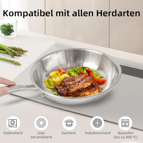 Foto von HOUSLUX Beschichtungslose Edelstahl Bratpfanne, Hausgebrauch Mit Metallgriff, Für Induktionskochfelder & Gasherde Geeignet, Gesunde Küche (20CM)