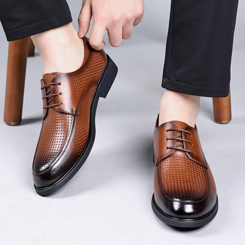 Mens Leather Dress Oxford Shoes, Breathable Hollow Pointed Toe Lace-up Comfort Brogue Dress Shoes Casual Business Work3