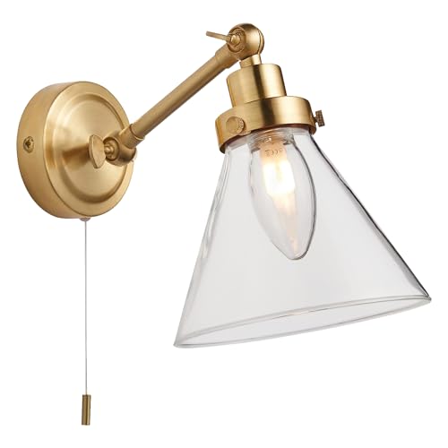 National Lighting Teepee Wall Light - Brass Satin, IP44 Bathroom Wall Light with Pull Cord with Glass Cone Shade - Adjustable Arm, Interior Wall Lights Fixture, G9 LED Compatible - 150-330mm Height