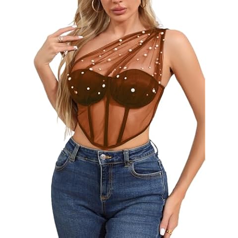 LJVOGUES Pearl-Embellished One-Shoulder Sheer Corset Top Strapless Mesh Bustier Boned Back Zip Crop Top Cover