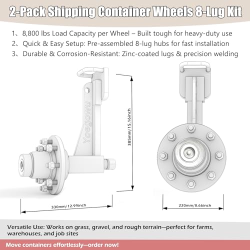 2-Pack Shipping Container Wheels Kit with 8 Lug Bolt-On Spindle,Heavy-Duty Shipping Container Axles for Up to 40ft Containers, 15000LB Capacity, Shipping Container Accessories (8 Lug x 6.5) - Thumbnail 2