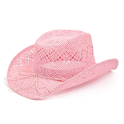 Tovoso Western Cowgirl Hat, Straw Cowboy Hat For Women With Shapeable Brim, Beaded Hearts Trim, Shapeable Cowboy Hat, Light Pink #TOP4