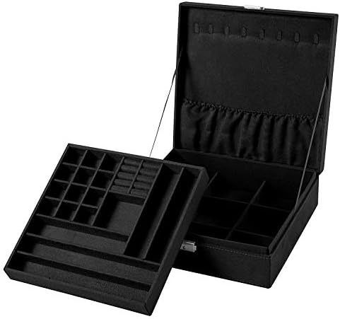 Sodynee Two-Layer Lint Jewelry Box Organizer Display Storage Case with Lock, Black