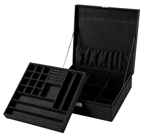 Sodynee Two-Layer Lint Jewelry Box Organizer Display Storage Case With Lock, Black #TOP6
