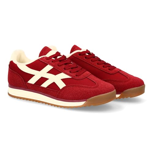 Sapatilhas planas para mulher com fecho de atacadores. Design moderno com contraste lateral. Ideal para outono inverno., Vermelho, 37 UE